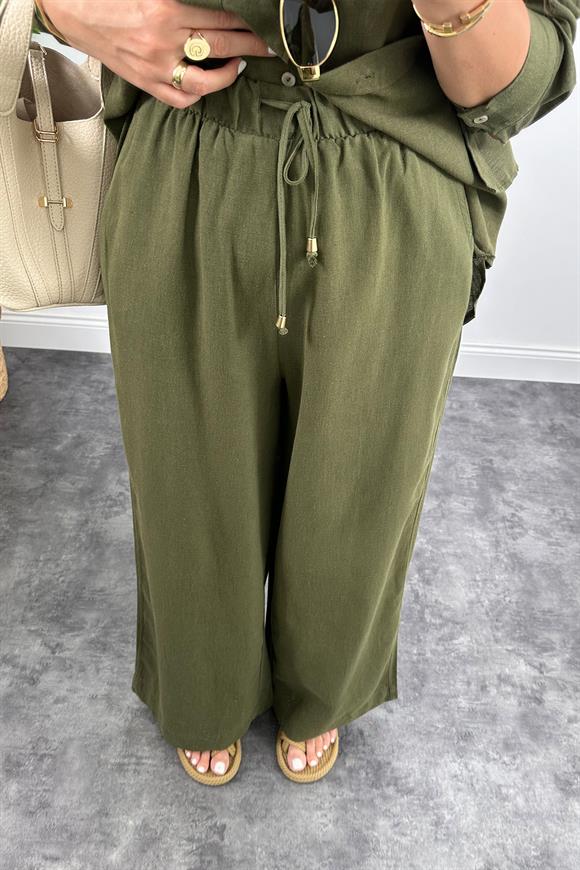 1. Sınıf Kalite Oysh Model %100 Keten Palazzo Gömlek Takım  Haki
