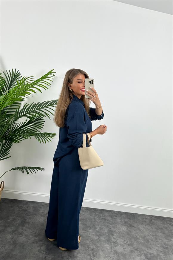1. Sınıf Kalite Oysh Model %100 Keten Palazzo Gömlek Takım Lacivert 