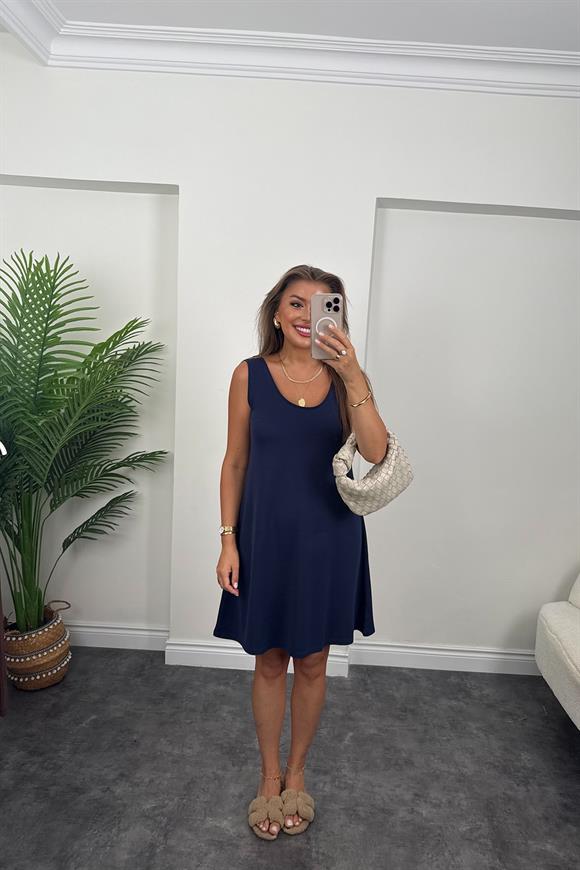 1. Sınıf Kalite Pike Modal Kumaş Sıfır Kol Basic Elbise Lacivert