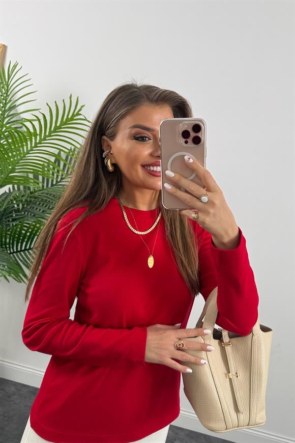 1. Sınıf Kalite  Massi Model Tam Pamuklu Uzun Kol Basic Kırmızı