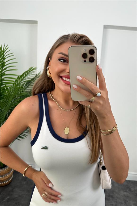 1. Sınıf Kalite Tok Modal Kumaş Şeritli Basic Elbise Beyaz