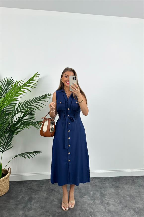 1. Sınıf Kalite Tok Keten Ahşap Düğmeli Midi Boy Elbise Lacivert