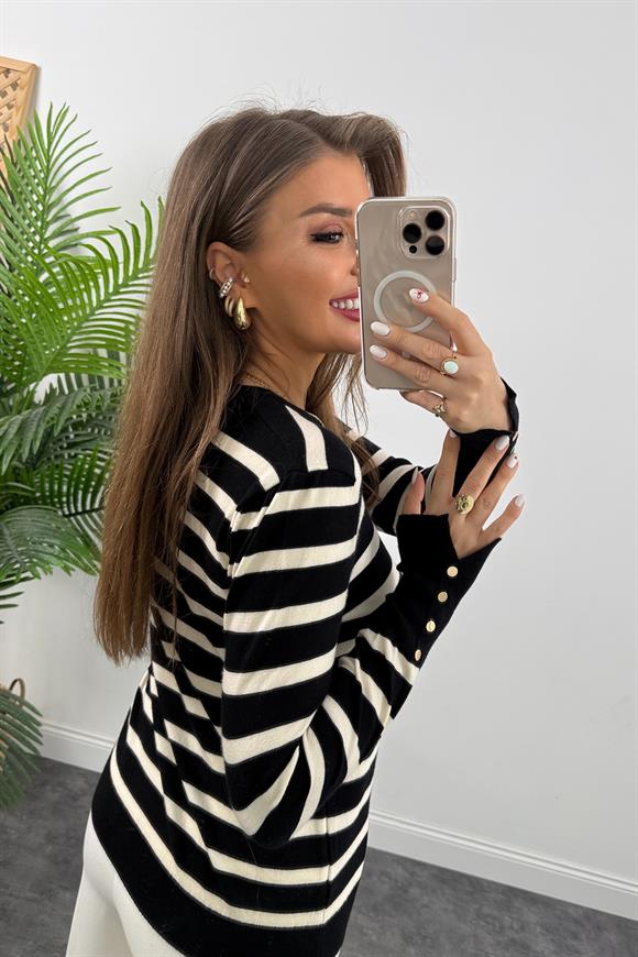 1. Sınıf Kalite Kaşmir Dokulu Kolu Gold Düğmeli İnce Marin Triko Siyah