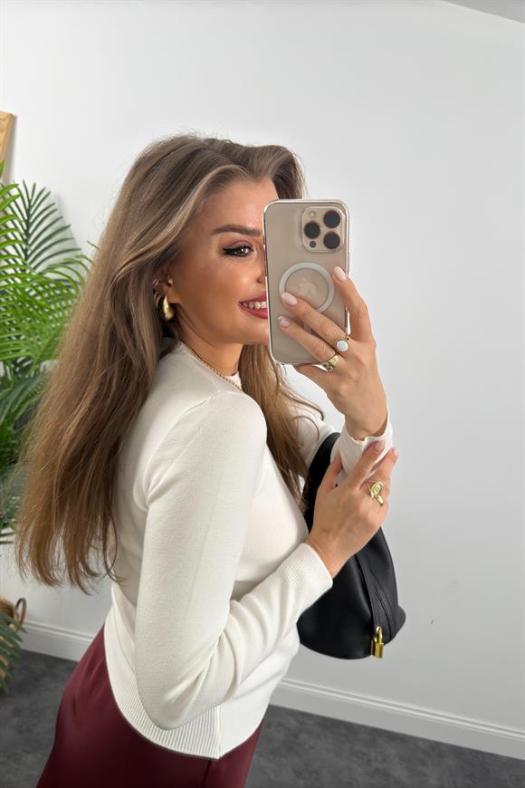 1. Sınıf Kalite Massi Model Kaşmir Dokulu Uzun Kol Basic Triko Ekru