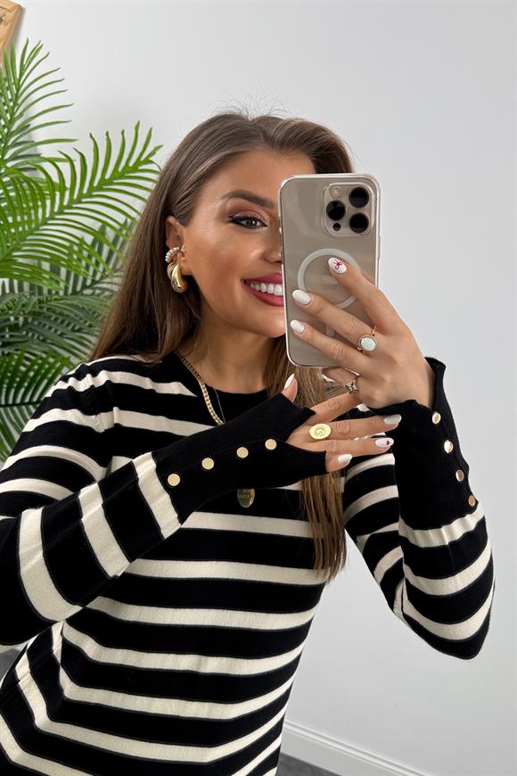 1. Sınıf Kalite Kaşmir Dokulu Kolu Gold Düğmeli İnce Marin Triko Siyah