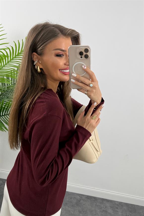 1. Sınıf Kalite  Massi Model Tam Pamuklu Uzun Kol Basic Bordo