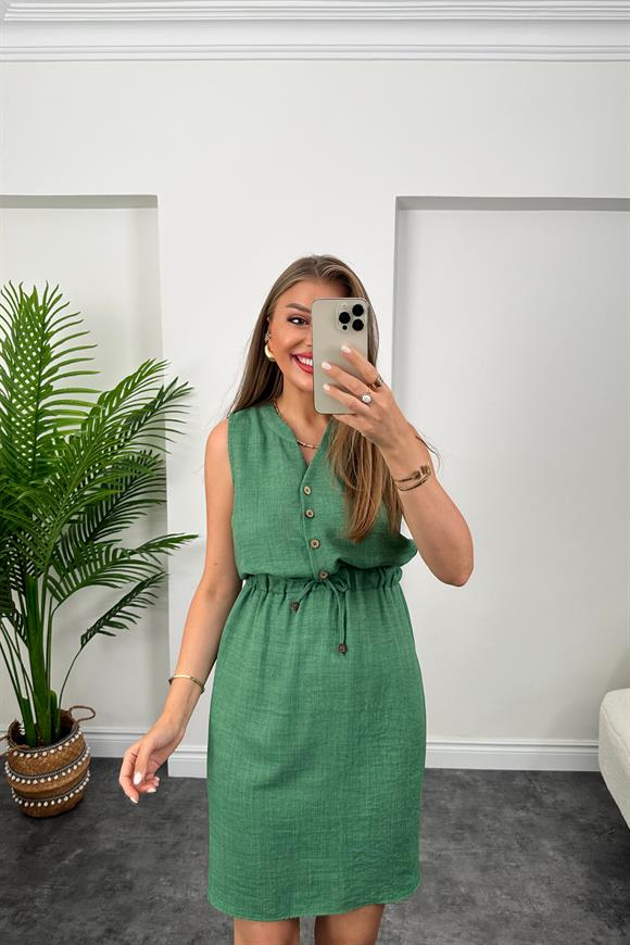1. Sınıf Kalite Beli Lastikli Sıfır Kol Keten Elbise Yeşil