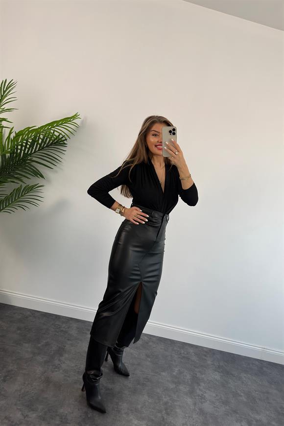 1. Sınıf Kalite Likralı Yumuşak Deri Midi Boy Kalem Etek Siyah 