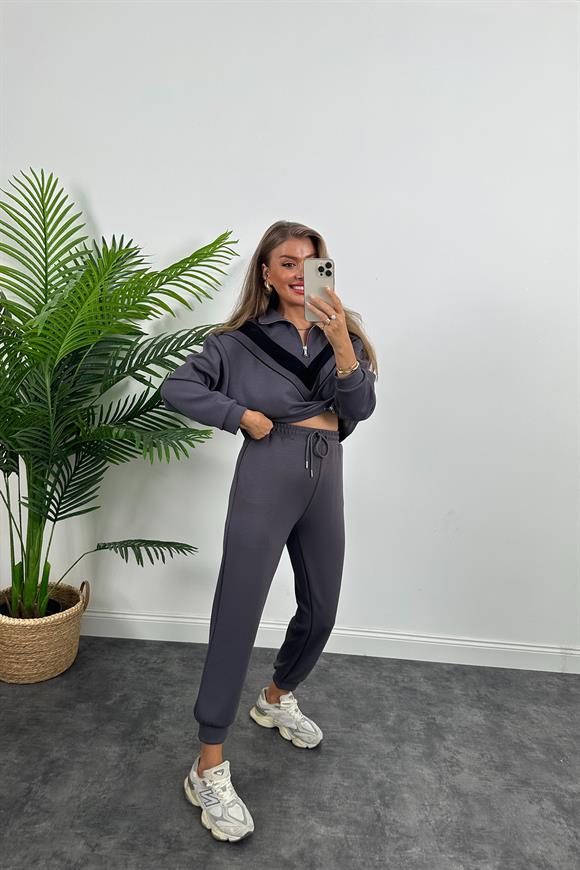 Fermuarlı Şeritli 1. Sınıf Kalite Oysh Model Modal  Kumaş Takım Antrasit