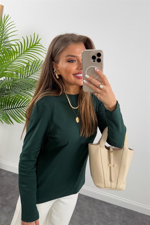 1. Sınıf Kalite  Massi Model Tam Pamuklu Uzun Kol Basic Yeşil