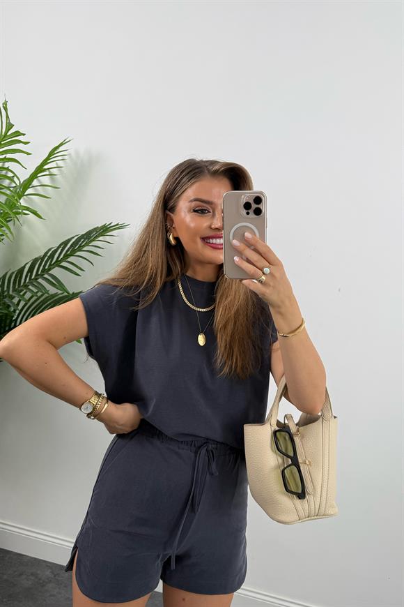 1. Sınıf Kalite İthal Pike Modal Kumaş Kısa Kollu Şort Takım Antrasit