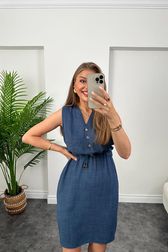 1. Sınıf Kalite Beli Lastikli Sıfır Kol Keten Elbise Yeni Lacivert