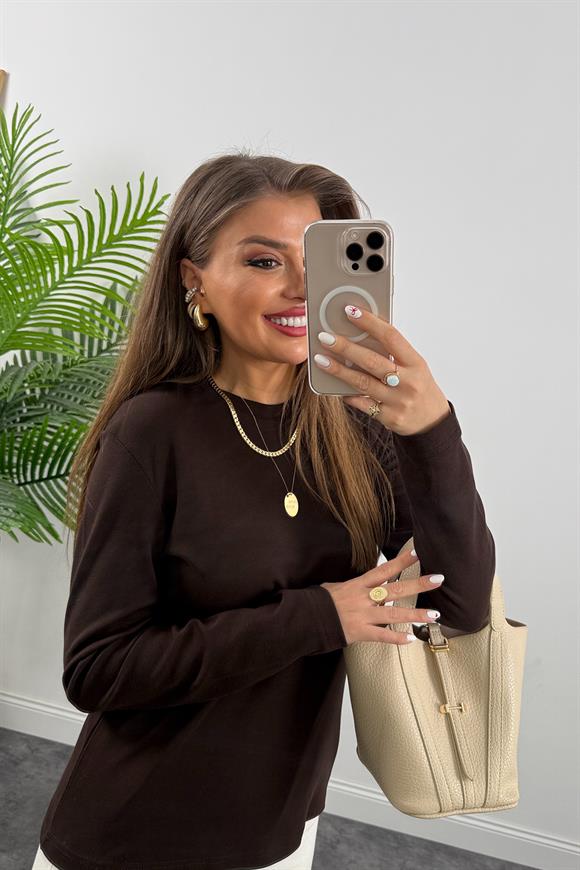 1. Sınıf Kalite  Massi Model Tam Pamuklu Uzun Kol Basic Acı Kahve