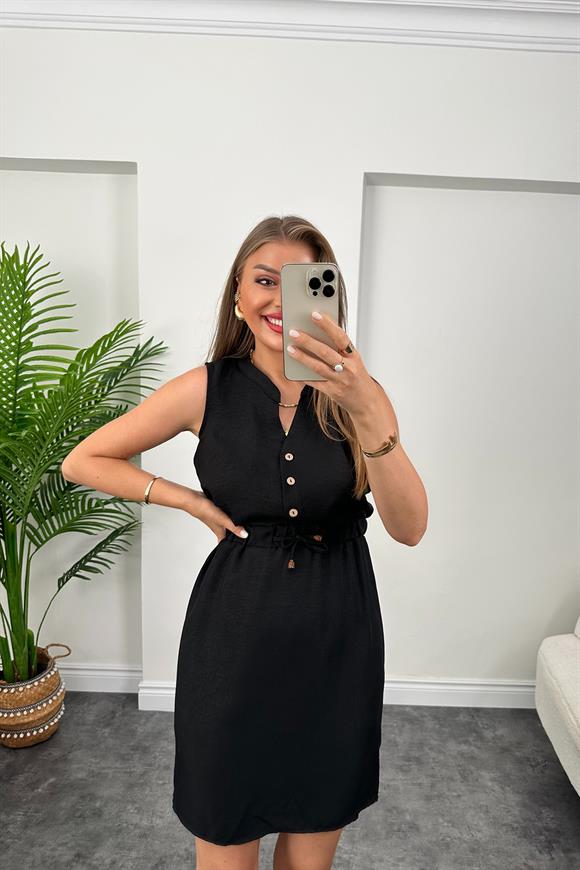 1. Sınıf Kalite Beli Lastikli Sıfır Kol Keten Elbise Siyah