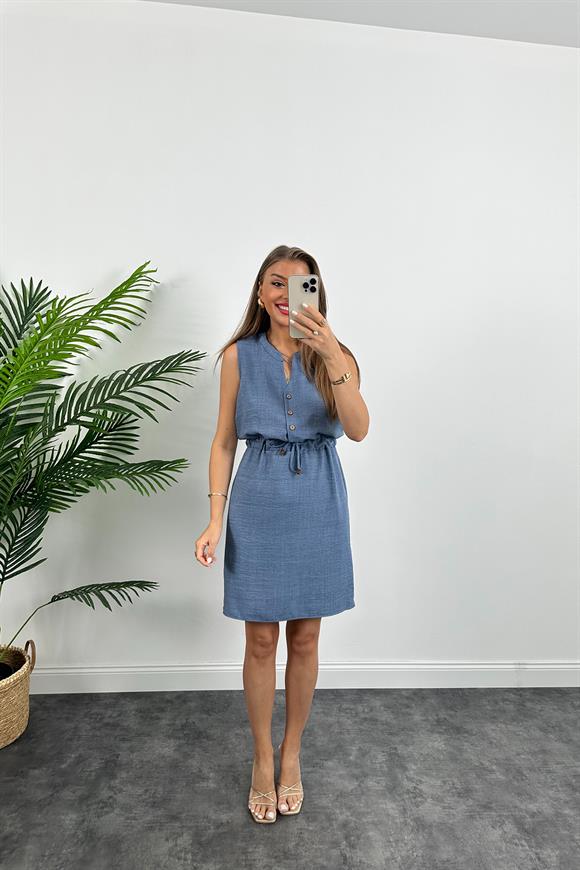 1. Sınıf Kalite Beli Lastikli Sıfır Kol Keten Elbise İndigo
