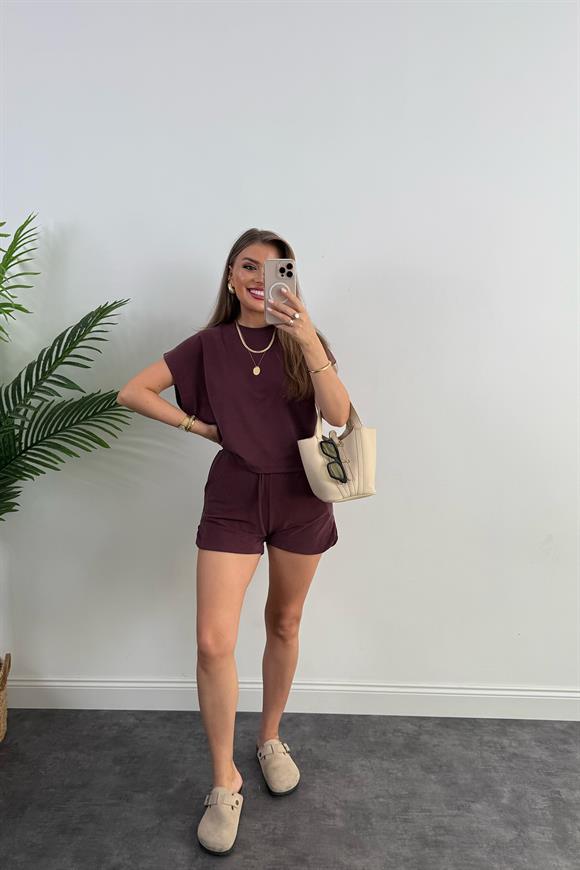 1. Sınıf Kalite İthal Pike Modal Kumaş Kısa Kollu Şort Takım Mürdüm