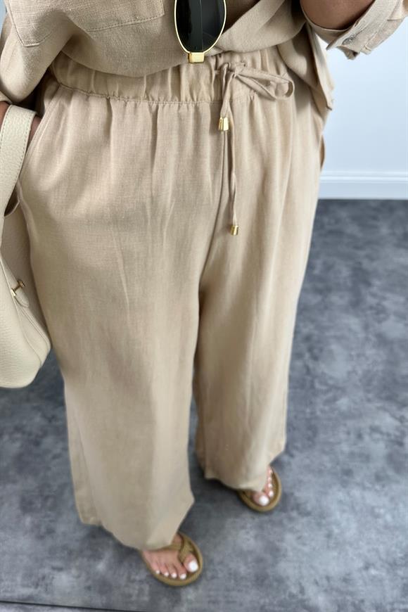 1. Sınıf Kalite Oysh Model %100 Keten Palazzo Gömlek Takım Bej
