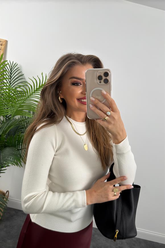 1. Sınıf Kalite Massi Model Kaşmir Dokulu Uzun Kol Basic Triko Ekru