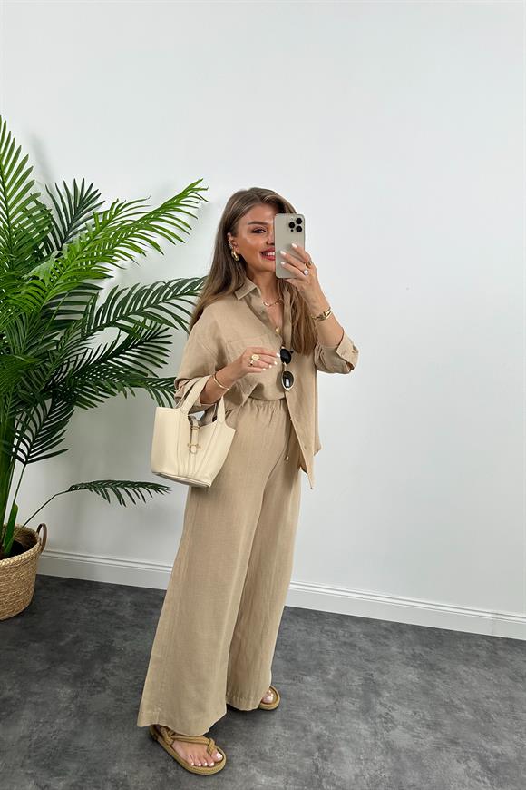 1. Sınıf Kalite Oysh Model %100 Keten Palazzo Gömlek Takım Bej