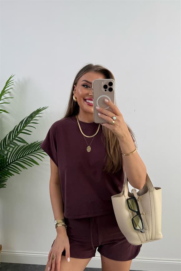 1. Sınıf Kalite İthal Pike Modal Kumaş Kısa Kollu Şort Takım Mürdüm