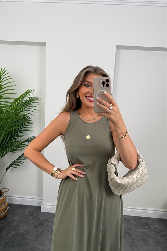 1. Sınıf Kalite İthal Modal Kumaş Midi Elbise Haki