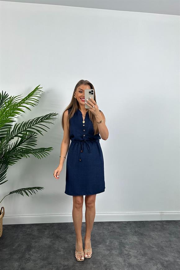 1. Sınıf Kalite Beli Lastikli Sıfır Kol Keten Elbise Lacivert