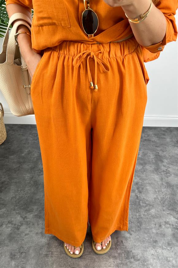 1. Sınıf Kalite Oysh Model %100 Keten Palazzo Gömlek Takım Turuncu