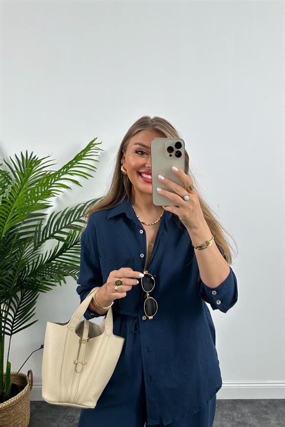 1. Sınıf Kalite Oysh Model %100 Keten Palazzo Gömlek Takım Lacivert 