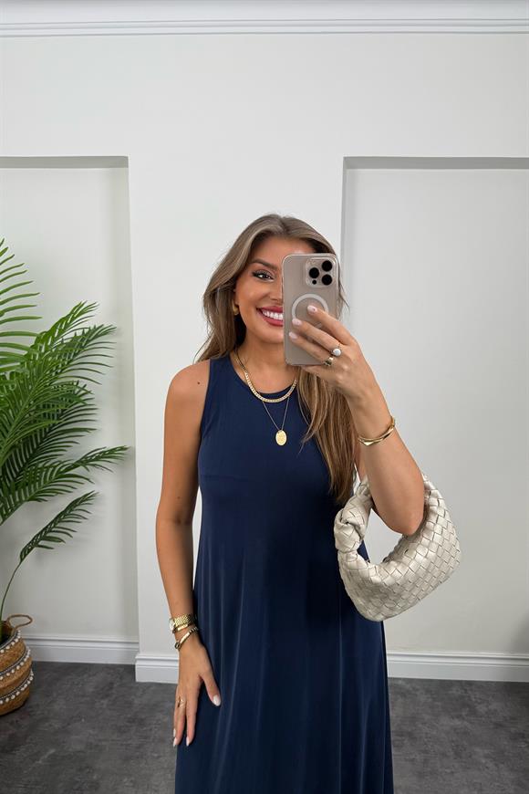 1. Sınıf Kalite İthal Modal Kumaş Midi Elbise Lacivert