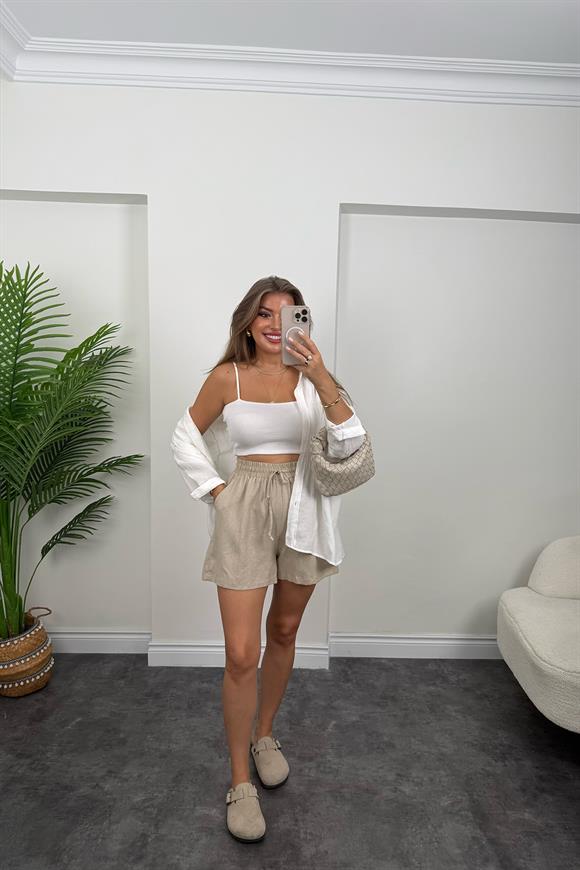 %100 Ham Keten Lüx Kalite Basic Şort Taş