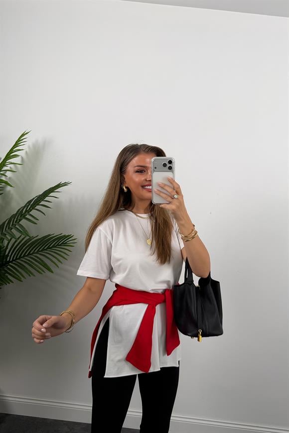 %100 Modal Kumaş Lüx Kalite Yırtmaçlı Salaş Basic Tshirt Beyaz