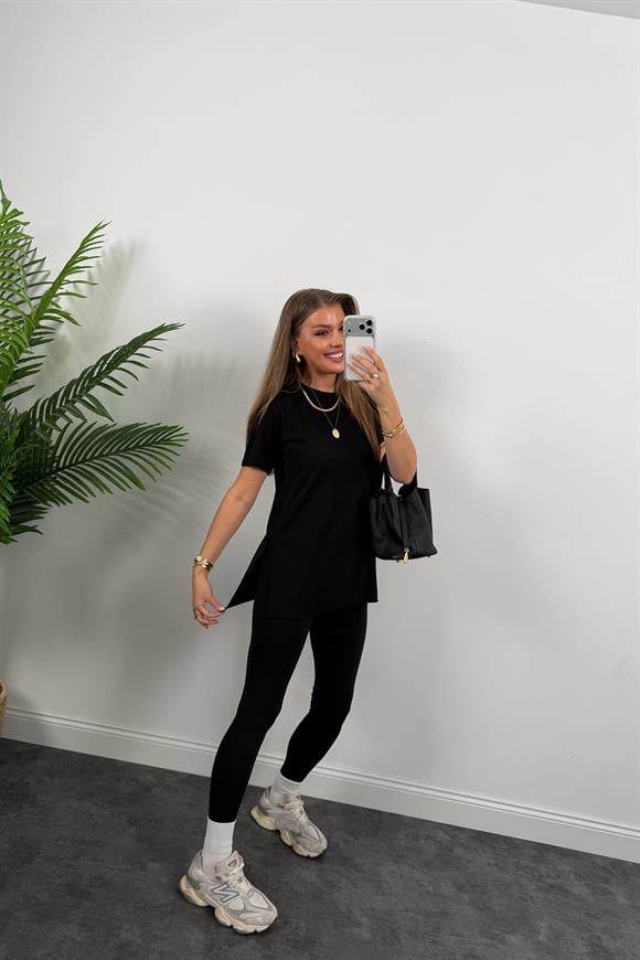 %100 Modal Kumaş Lüx Kalite Yırtmaçlı Salaş Basic Tshirt Siyah