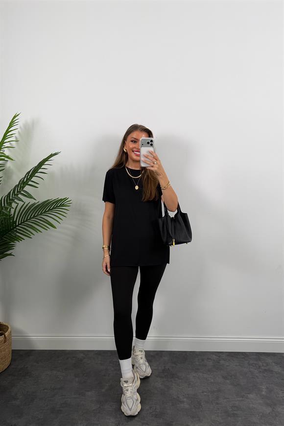 %100 Modal Kumaş Lüx Kalite Yırtmaçlı Salaş Basic Tshirt Siyah