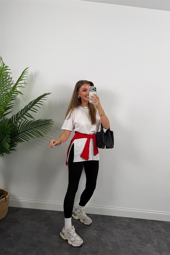 %100 Modal Kumaş Lüx Kalite Yırtmaçlı Salaş Basic Tshirt Beyaz