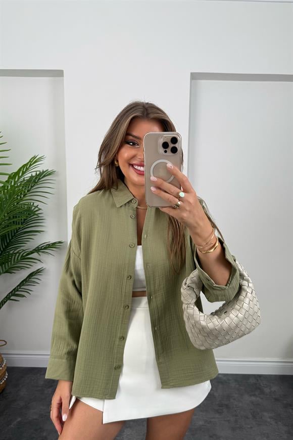 %100 Müslin Organik Kumaş Basic Gömlek Haki 