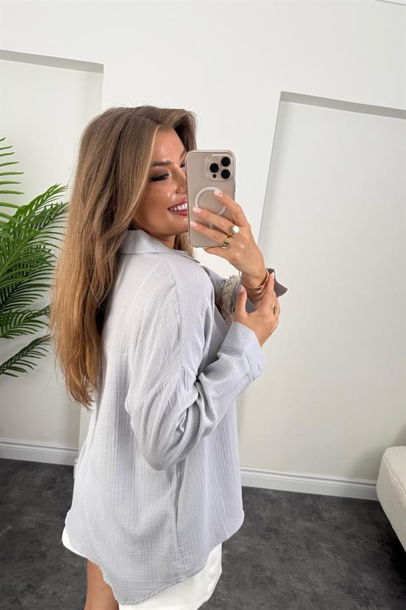 %100 Müslin Organik Kumaş Basic Gömlek Gri