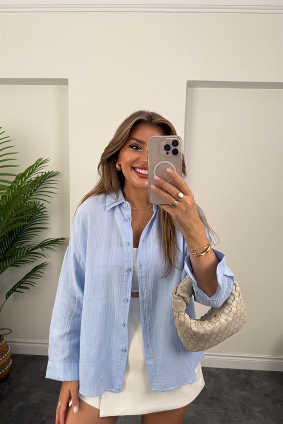 %100 Müslin Organik Kumaş Basic Gömlek Mavi