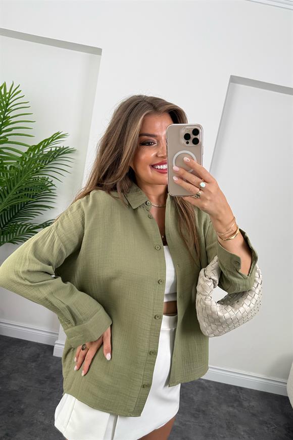 %100 Müslin Organik Kumaş Basic Gömlek Haki 