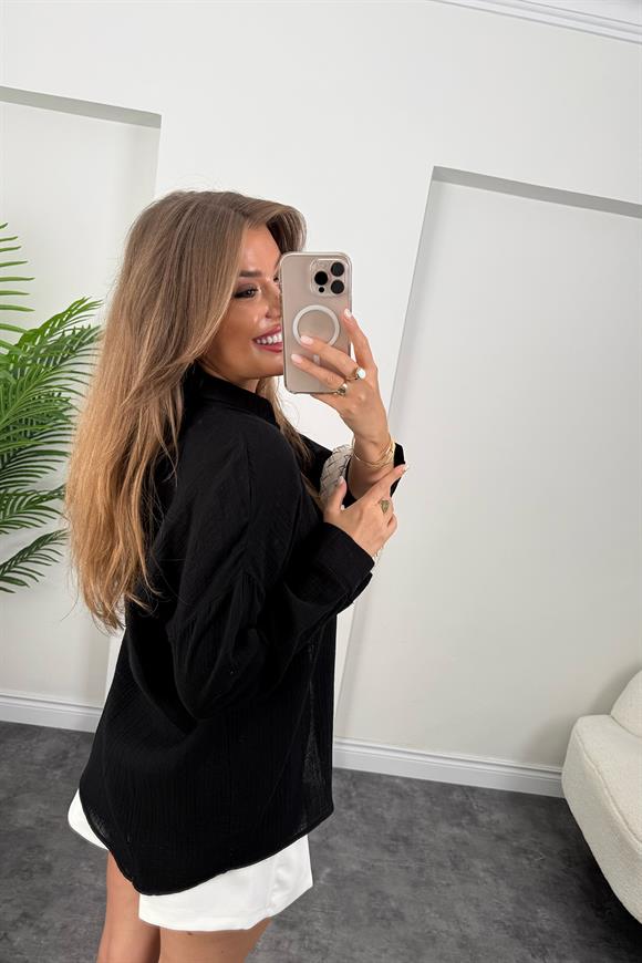 %100 Müslin Organik Kumaş Basic Gömlek Siyah