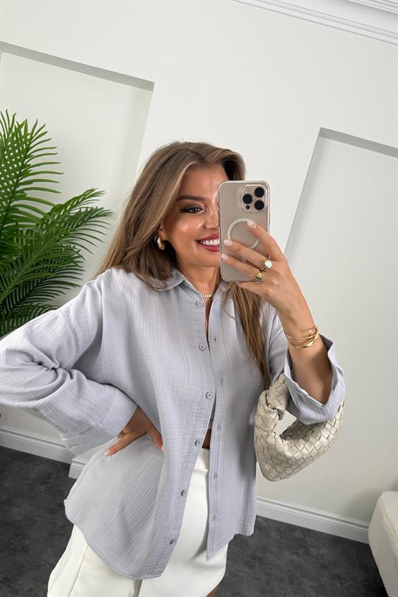 %100 Müslin Organik Kumaş Basic Gömlek Gri