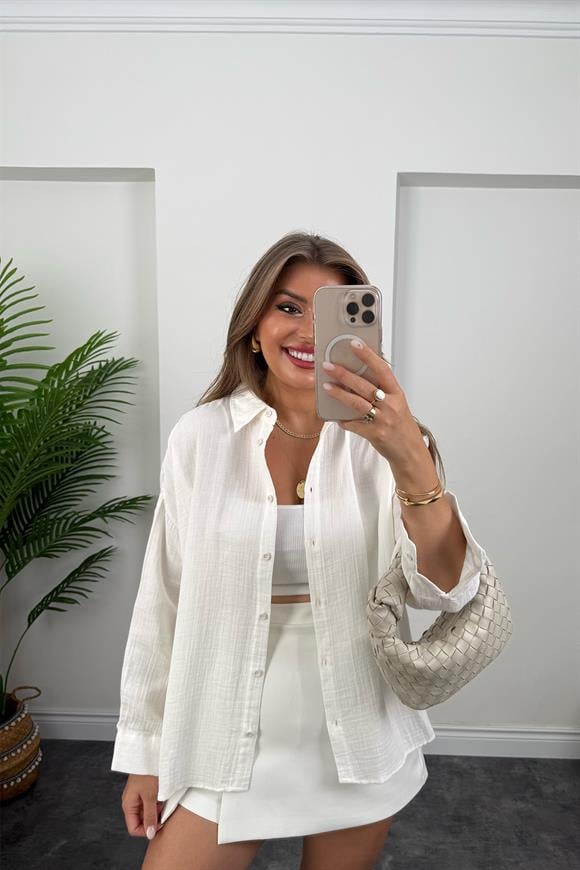 %100 Müslin Organik Kumaş Basic Gömlek Beyaz