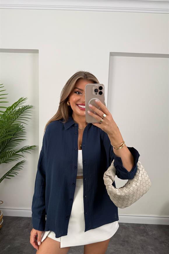 %100 Müslin Organik Kumaş Basic Gömlek Lacivert