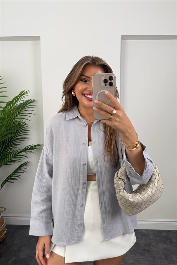 %100 Müslin Organik Kumaş Basic Gömlek Gri