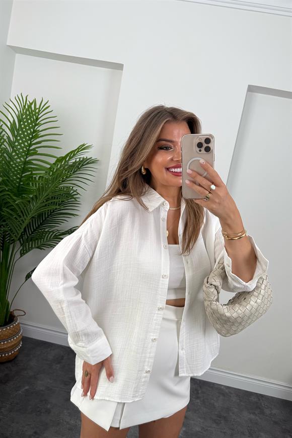 %100 Müslin Organik Kumaş Basic Gömlek Beyaz