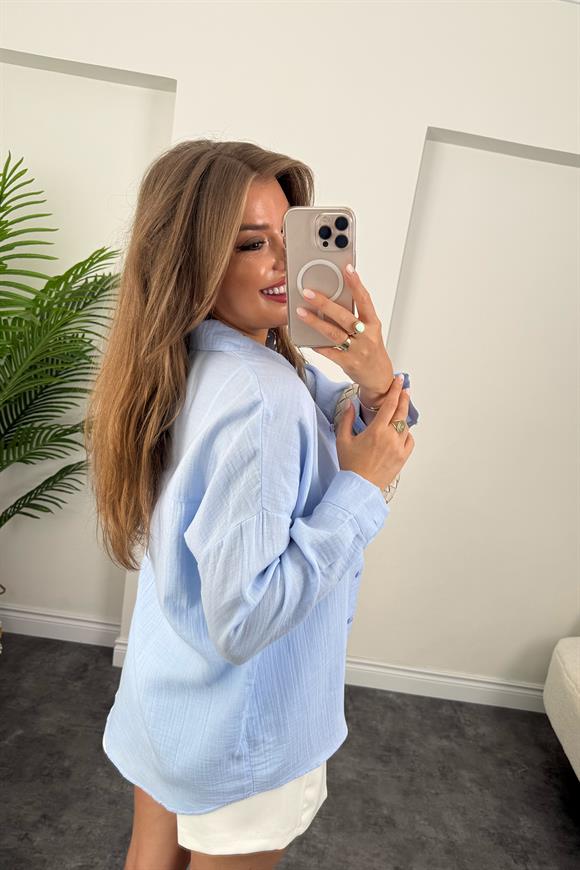 %100 Müslin Organik Kumaş Basic Gömlek Mavi