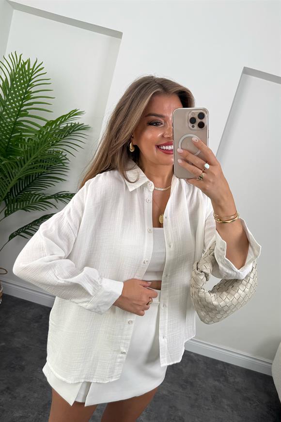 %100 Müslin Organik Kumaş Basic Gömlek Beyaz