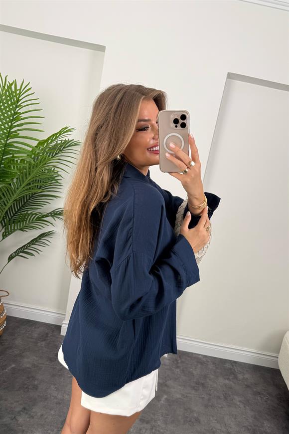 %100 Müslin Organik Kumaş Basic Gömlek Lacivert