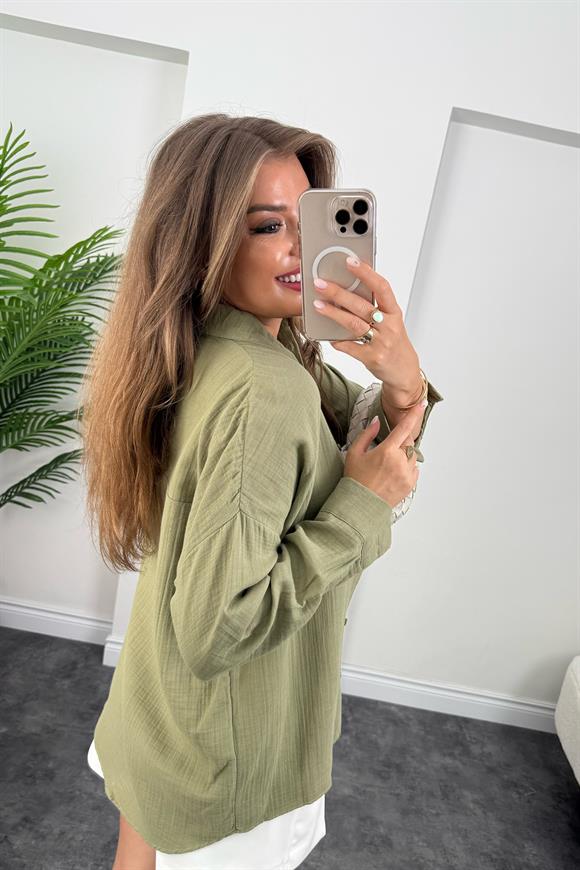 %100 Müslin Organik Kumaş Basic Gömlek Haki 