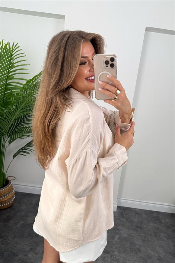 %100 Müslin Organik Kumaş Basic Gömlek Taş