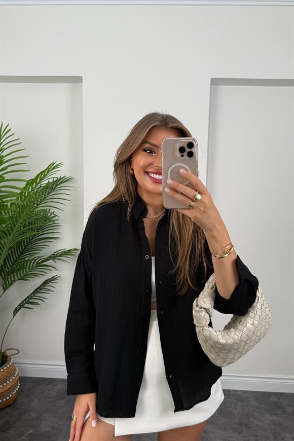 %100 Müslin Organik Kumaş Basic Gömlek Siyah